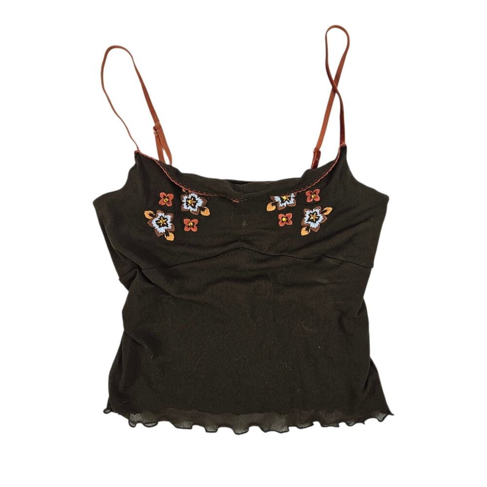 Y2k Micro Mesh Cami Top Embroidered Brown Cottagecore Fairy Euro Phard - Small